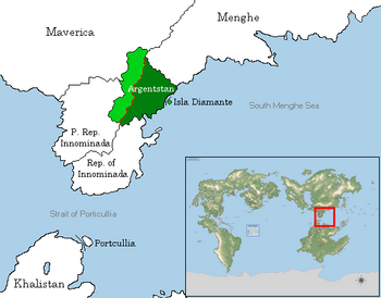 Location of Argentstan in Septentrion, as it appeared upon gaining independence. Dark green: controlled areas. Light green: claimed areas. Red: demilitarized zone.
