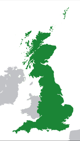 England and Scotland on the British Isles, excluding overseas territories