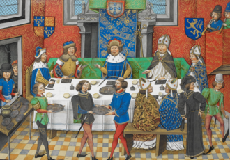 File:330px-John of Gaunt, Duke of Lancaster dining with the King of Portugal - Chronique d' Angleterre (Volume III) (late 15th C), f.244v - BL Royal MS 14 E IV.png