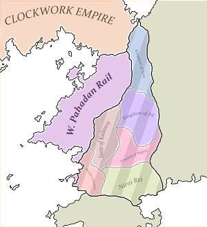 WPR (purple), its vassals (striped) and the Clockwork Empire (orange)