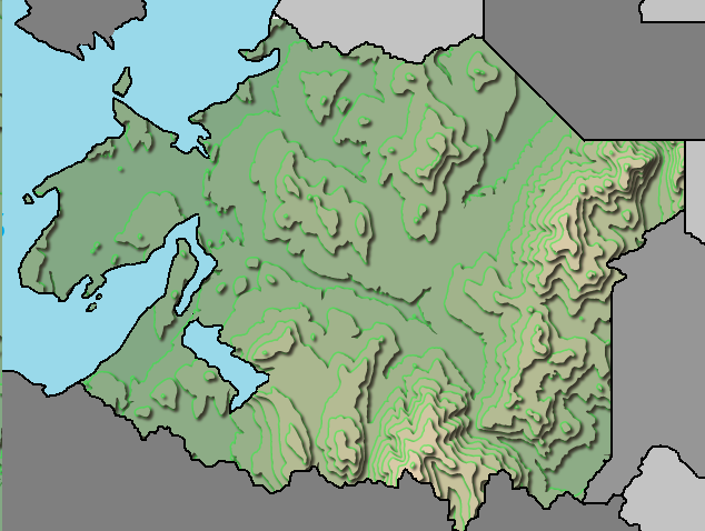 The elevation/topograhpical map for the Seran landmass.