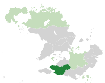 Location of Nimear (dark green) in Asteria (light grey) and in the Asterian Development Council (light green).