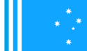 Three white stripes to the left, with three white stars in the right, with a sky blue background.