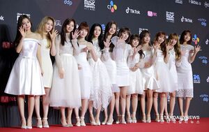 A twelve member girl group standing on a red carpet.