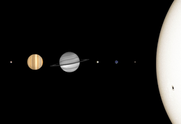 A true-color image of the Gentu System with sizes, but not distances, to scale. The order of the planets are from right to left.