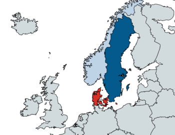 Red denotes Denmark, Light blue denotes Norway, and Dark blue denotes Sweden