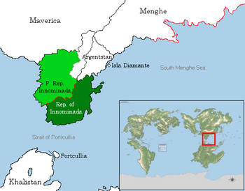 Location of the Republic of Innominada in Septentrion, as it appeared after Argentstan's secession. Dark green: controlled areas. Light green: claimed areas. Red: demilitarized zone.