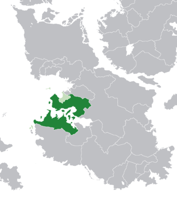 Location of the Trellinese Empire (light and dark green) in Teudallum (dark grey)