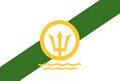 The Ensign of the 'Green Navy' since 1961. The Solar Trident of the Sofrezian flag plus the Golden Waves over a green, forward fimbriation and a white field.
