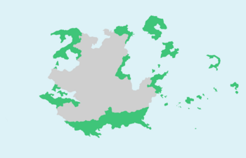 Location of Victores in the Aridian continent including all non-contiguous areas(dark green)