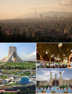 From the top clockwise: Panorama of Zahedan's skyline; Grand Bazaar; Shahid Feredyun Mazar; Nowruz Park; Inqelab Tower