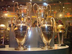 Four trophies inside a glass cabinet.