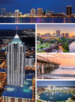 Clockwise from top: Waterfront skyline, Downtown District, Vehemens Beach Pier, Fountain Park, and City Hall