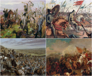 Clockwise from top left: Alban forces invades Lencester; Battle of Bunbourne; Battle of Cattlemere Hill; Arthur leaves triumphantly the Battle of Gwynford