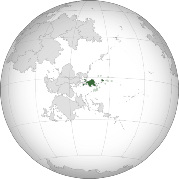 Location of Kelenoa, including outlying islands, atolls, and Laina (shown green)