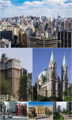 Following down left to right: financial centre; Bachelet Building; the city's cathedral; Museum of Arts of Castelonovo; Mascarenhas Palace and the Guararapes' Valley.