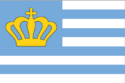 With a large square in the upper left margin with a crown, and blue and white bands in the rest of the flag.