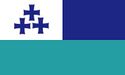 Two horizontal bands (turquoise, blue), with three blue crosses arranged together in a white canton.