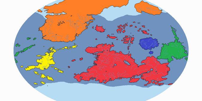 Five major continents of Amanir, although each of them consists also of other smaller regions and subcontinents. Red: Achara, orange: Gwaii, yellow: Ainadestra, blue: Nordenwald, green: Triuh.