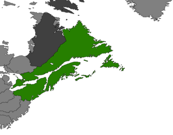 Norumbega (green) in Merica, circa 2319. Nation-States in light gray, neutral or unclaimed zones in dark gray.