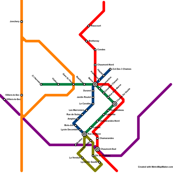 Map of Chaumont's metro system. Other lines (orange, purple and red) aren't metro, they are Express Regional Trains.