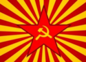 A red star with a golden hammer and sickle on top of 45 stripes, 22 red and 23 yellow