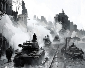 Tanks rolling through destroyed city.png