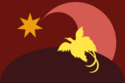           Maroon background with dark maroon semi-circle with yellow phoenix set over desaturated comma-shape pointing toward orange seven-pointed star.