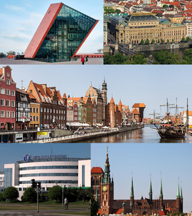 From top, left to right: the Miersan Museum, the Romauld Theatre, the waterfront skyline, the University of Dyńsk, the town hall.