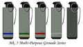 Mark 5 Series of multi-purpose grenades (smoke, chemical, incendiary, stun, fragmentation). Info.