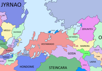 A map of the Aeroran Regional for which Vestamiado is in the centre, showing the names and borders of the countries and the sea around it.