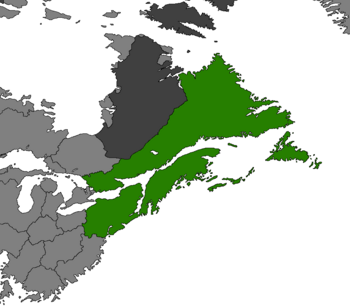 Norumbega (green) in Merica, circa 2319. Nation-States in light gray, neutral or unclaimed zones in dark gray.