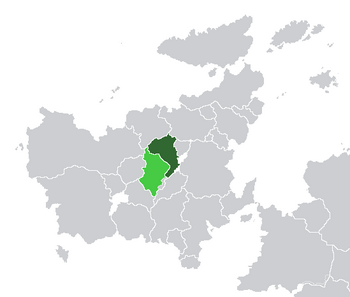Location of East Miersa (dark green) and claimed but uncontrolled territories (light green) in Euclea.
