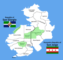 A map of both San Giorgio and San Jorge, their subdivisions, and national parks.