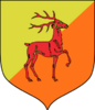 Shield with a red stag over yellow (top left) and orange (bottom right) divided diagonally