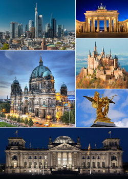 Clockwise from top right: Victory Gate, the Hochkronstein Palace, Rider of the Republic, the Reichsrat building, St.Lorenz Cathedral, inner city skyline
