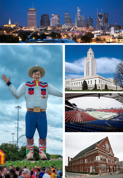 Clockwise from top: Downtown skyline, State Capitol, ET Stadium, Chapman Auditorium, and Big Rex at the Lyhoming State Fair