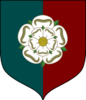 Shield divided vertically into a deep turquoise on the left and a dark crimson on the right with a white rose in the centre