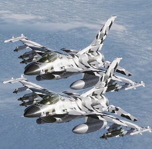 Two F-16C Block 40 Godhawks over northern Ackesia in the polar livery scheme.