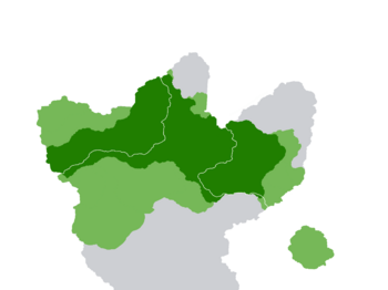 Sukhmeng over modern borders. Dark green represents the inner empire, light green the empire at its height