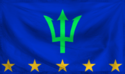 Dark blue flag with five stars to represent major cities and a large Trident, which represents a traditional weapon and the three principles of the Union.