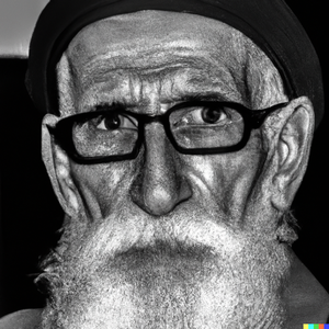 DALL·E 2023-03-17 20.43.35 - Realistic face, Realistic black and white photo of a North African man, in his eighties, with a big white beard, a jellaba, a hat and glasses, with st.png