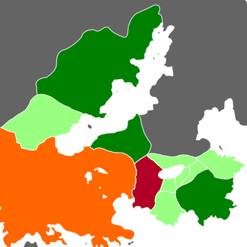 Map of the Holy Realm highilghted in maroon. Audonian Empire in orange, and the Lushyod & Gothic states in green.