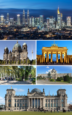 Clockwise from top: Köpenick city skyline, Victory Gate, Kronenrat building, Reichsrat building, Prinzenwald park, St.Lorenz Cathedral in front of the Königsreh Signal Tower