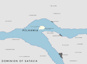 Map of Pelhamia in 1900, situated at the confluence of the River Pelham and East River