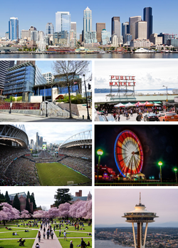 Clockwise from top: Downtown skyline, Hamilton Place Market, Belltown Great Wheel, Space Needle, BCU campus, Century Field, and City Hall