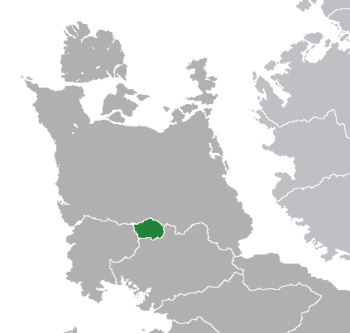 Location of  Slovertia  (dark green) – in Astyria  (dark grey & dark and light grey) – in Teudallum  (dark grey)