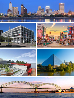 Clockwise from top: Downtown skyline, Armstrong Street, the Pyramid, Levi King Bridge, Waterfront Park, and City Hall