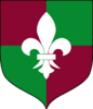 Shield with a white fleur-de-lis over quarters, 1st and 4th purple, 2nd and 3rd green