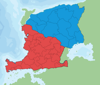 A map of Etsenes, the red highlighted area is Kankiesk, while the blue is Tosn.